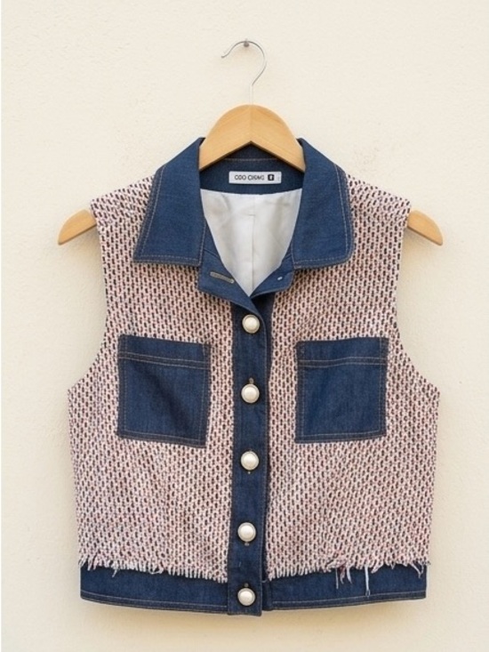 & Other Stories Jackets & Blazers - & Other Stories Pink Tweed and Blue Denim Crop Vest